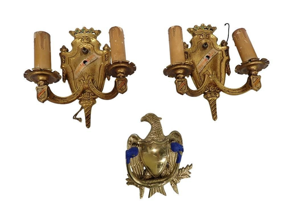 Brass Eagl3e Door Knocker and two Wall Sconces: Brass Eagl3e Door Knocker and two Wall Sconces All pictures are considered part of the description and should be examined carefully by bidders. Live Auctioneers is now offering Live Shipping through t