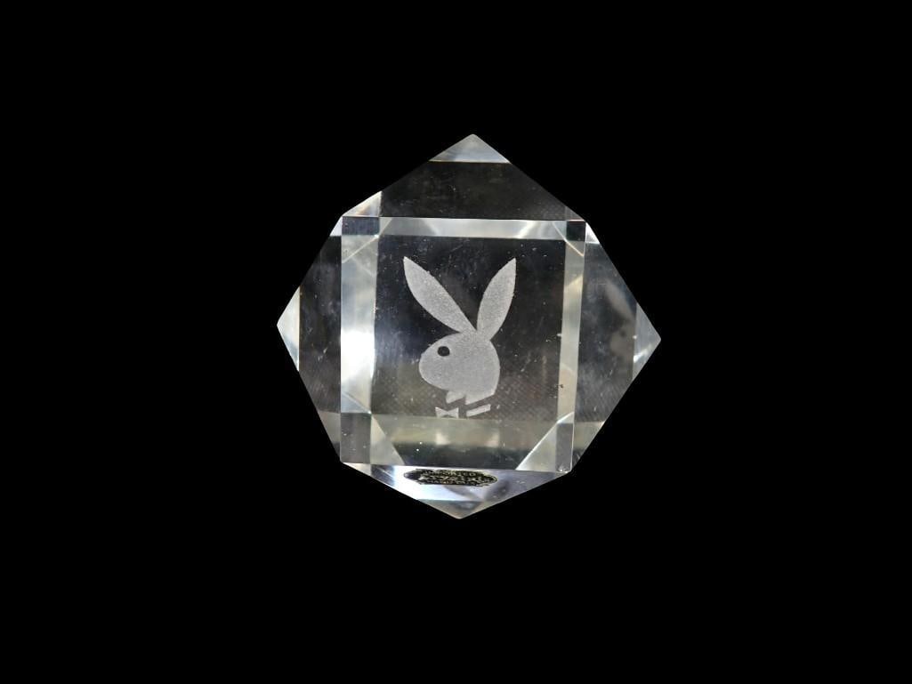 Vintage 1960's Playboy Crystal Paperweight: Vintage 1960's Playboy Crystal Paperweight All pictures are considered part of the description and should be examined carefully by bidders. Live Auctioneers is now offering Live Shipping through t