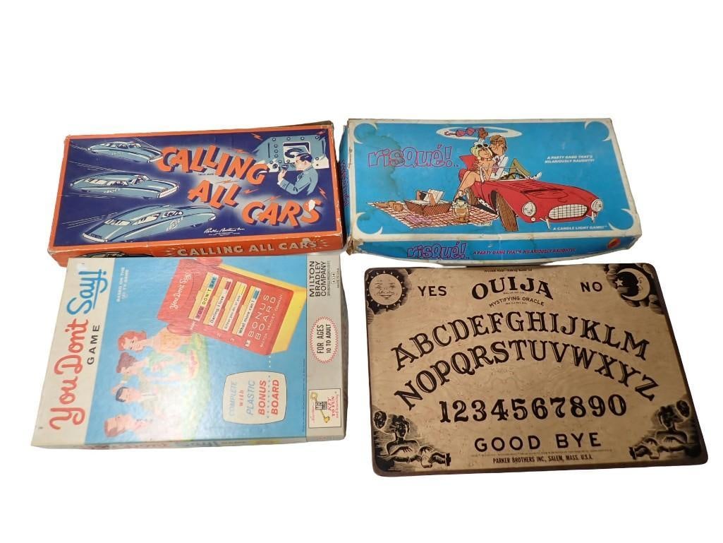 Vintage Board Games including You Don't Say, Calling All Cars, Risque, Ouija (no pointer): Vintage Board Games including You Don't Say, Calling All Cars, Risque, Ouija (no pointer) - games are unchecked for completeness. All pictures are considered part of the description and should be 