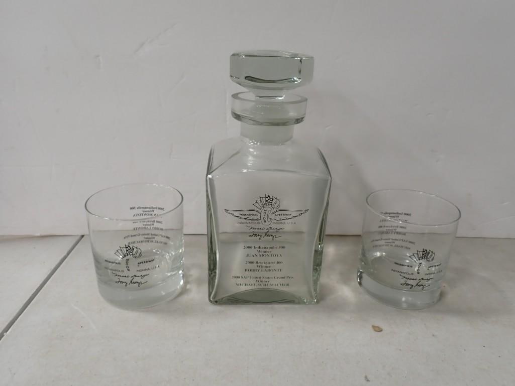 Indy 500 / Indianapolis Motor Speedway Glass Decanter with two glasses: Indy 500 / Indianapolis Motor Speedway Glass Decanter with two glasses All pictures are considered part of the description and should be examined carefully by bidders. Live Auctioneers is now offering