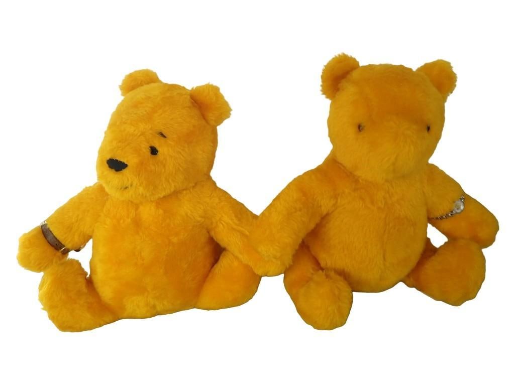 Vintage Winnie the Pooh Plush Bears - Jointed and both have Winnie the Pooh Watches.: Vintage Winnie the Pooh Plush Bears - Jointed and both have Winnie the Pooh Watches. All pictures are considered part of the description and should be examined carefully by bidders. Live Auction