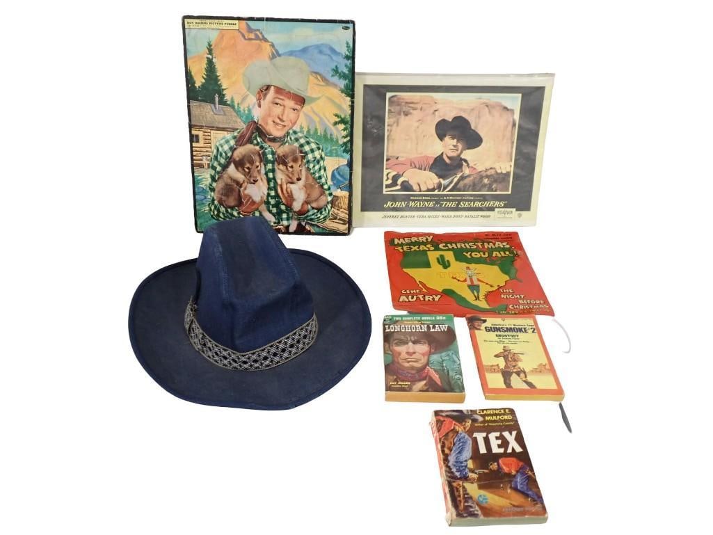 Cowboy lot including Hat, Books, John Wayne, roy Rogers, Gene Autry, etc: Cowboy lot including Hat, Books, John Wayne, roy Rogers, Gene Autry, etc All pictures are considered part of the description and should be examined carefully by bidders. Live Auctioneers is now offeri