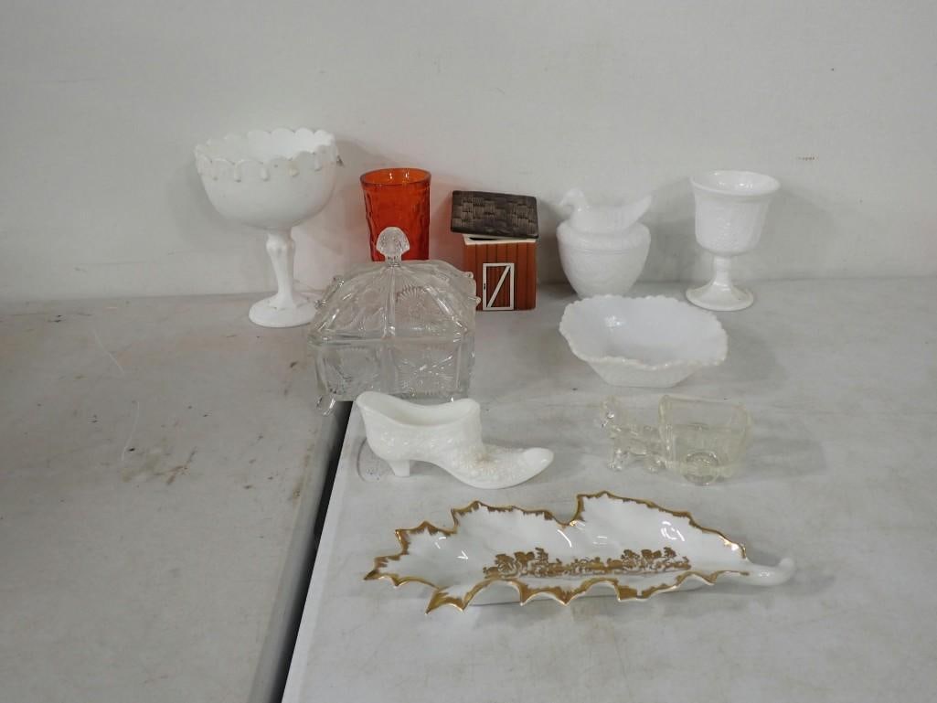 Glass Lot etc. Including Milk Glass, Gold Gilt Porcelain, Shoe, Candy Dish, Hen on Nest, etc. (1 of 7)