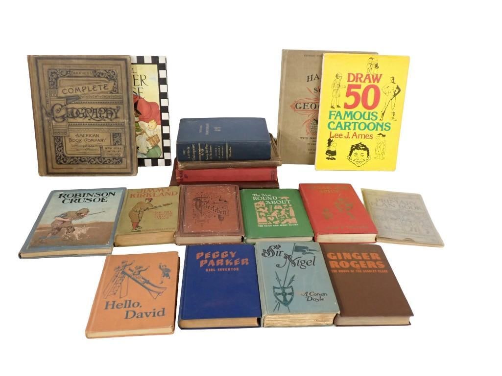 Vintage Books including Robinson Crusoe, Draw 50 Famous Cartoons, Barnes's Complete Geography, (1 of 20)