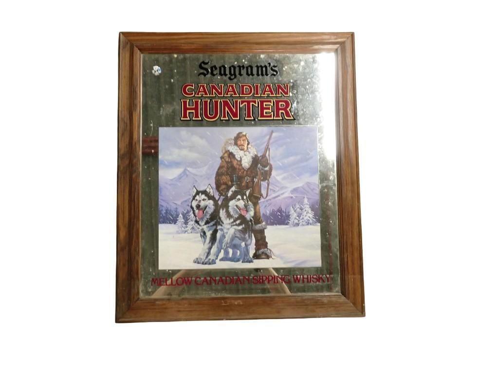 Seagram's Canadian Hunter Whiskey Framed Bar Mirror: Seagram's Canadian Hunter Whiskey Framed Bar Mirror Measures roughly 19x23" All pictures are considered part of the description and should be examined carefully by bidders. Live Auctioneers is