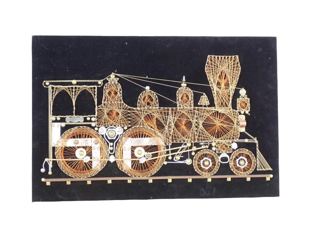 Vintage /Retro Industrial Wall Art - Copper & Brass Wire String Art Locomotive Train on Velvet: Vintage /Retro Industrial Wall Art - Copper & Brass Wire String Art Locomotive Train on Velvet - Measures roughly 16x24" All pictures are considered part of the description and should be exami