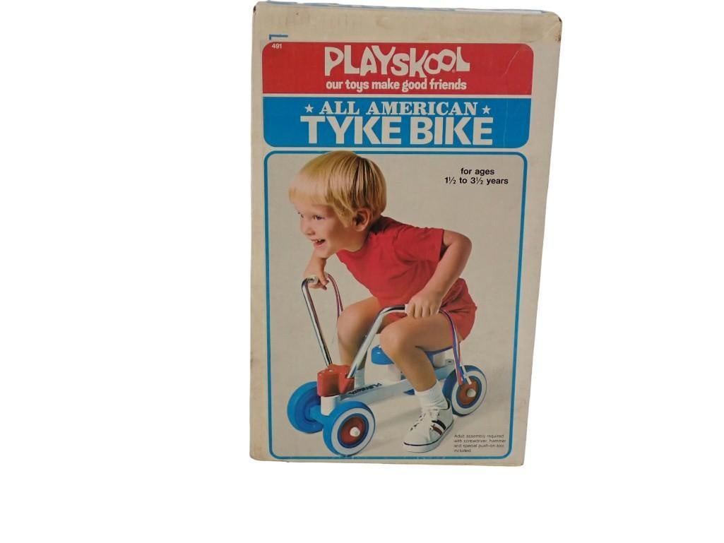 Vintage Playskool All American Tyke Bike with Original Box: Vintage Playskool All American Tyke Bike with Original Box All pictures are considered part of the description and should be examined carefully by bidders. Live Auctioneers is now offering Live Shippi