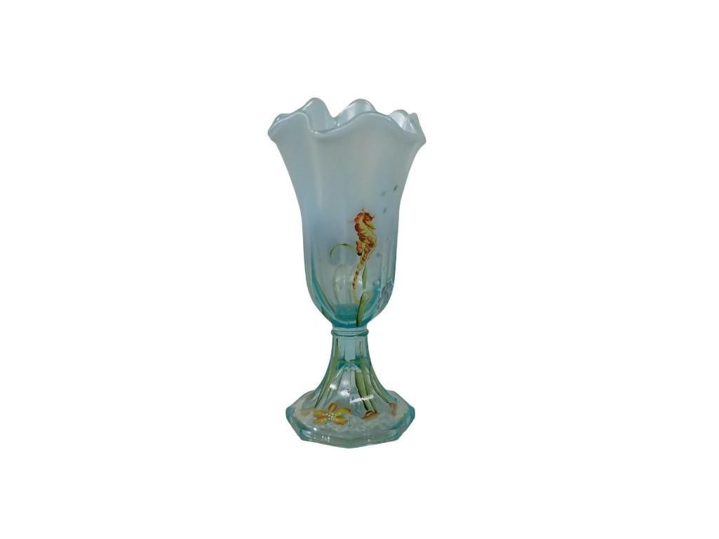 Vintage Fenton Underwater Dreams Aquamarine Stretch Glass Vase with Hand painted Sea Horse Signed: Vintage Fenton Underwater Dreams Aquamarine Stretch Glass Vase with Hand painted Sea Horse Signed - Young All pictures are considered part of the description and should be examined carefully by bidder