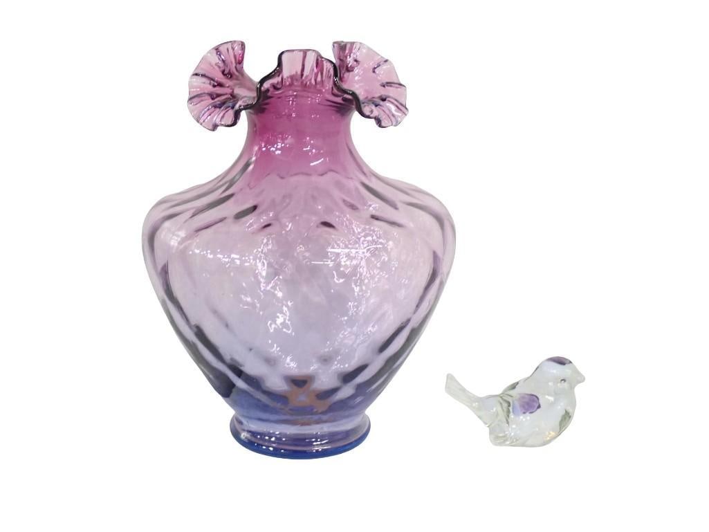 2 Vintage Fenton Pieces - Mulberry Purple Swirl Diamond Optic Ruffled rim Vase, French Opal Glass (1 of 7)
