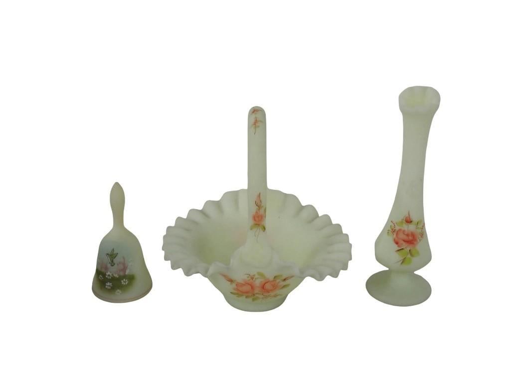 Vintage Signed Fenton Custard Uranium Glass - Basket, Bud Vase and Bell with Original Sticker: Vintage Signed Fenton Custard Uranium Glass - Basket, Bud Vase and Bell with Original Sticker All pictures are considered part of the description and should be examined carefully by bidders. Live Auct