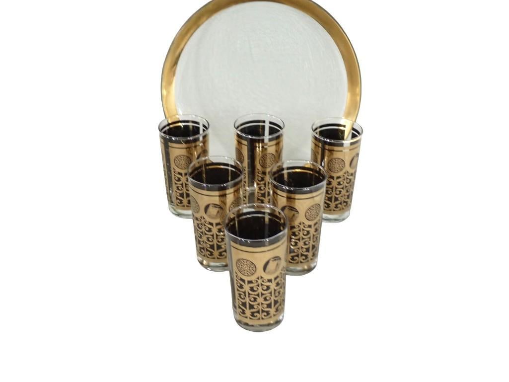 Libbey Vintage Prudential 90th Anniversary Cocktail Tumblers with Tray 22K Gold Gilt,: Libbey Vintage Prudential 90th Anniversary Cocktail Tumblers with Tray 22K Gold Gilt, Rock of Gibraltar All pictures are considered part of the description and should be examined carefully by bidders.