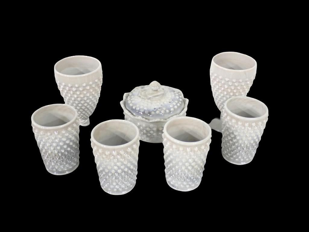 Mosser Glass Set of Marbled Grey/white Hobnail Pieces - Tumblers, Goblets, Covered Candy Dish, Butte: Mosser Glass Set of Marbled Grey/white Hobnail Pieces - Tumblers, Goblets, Covered Candy Dish, Butter Dish, Sugar Dish All pictures are considered part of the description and should be examined carefu