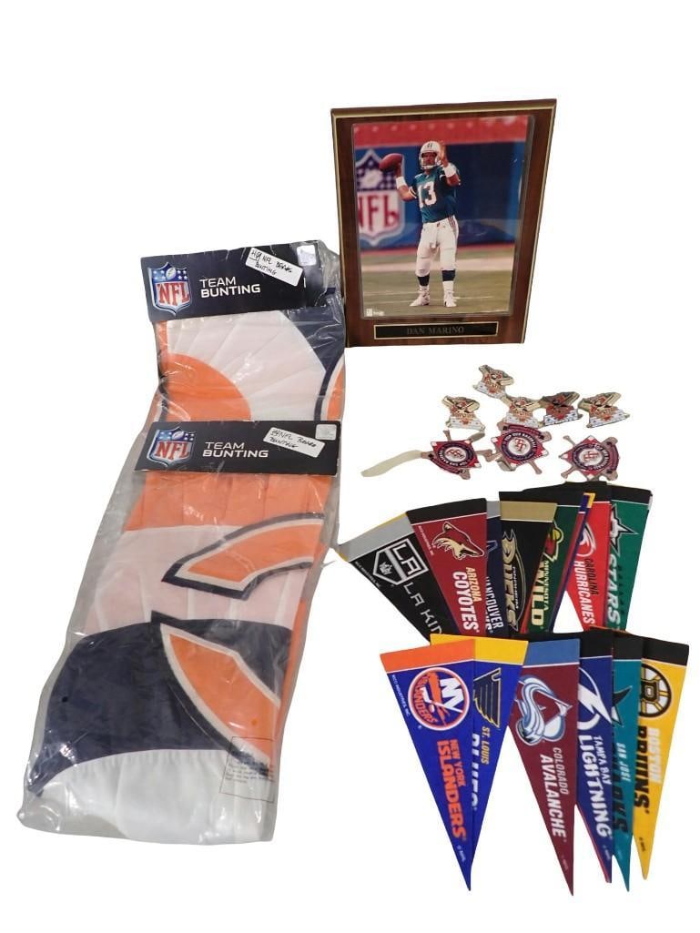 Sports lot including NFL Bears Bunting, Mini Banners, Framed Dan Marino Pic, Top Tier Baseball Pins (1 of 9)