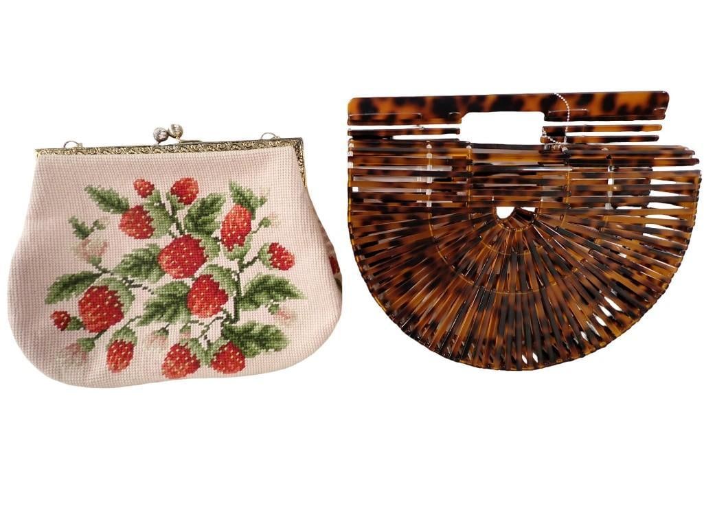 Christine Custom Bags Vintage Needlepoint Strawberry Frame Purse and Cult Gaia Acrylic top Handle: Christine Custom Bags Vintage Needlepoint Strawberry Frame Purse and Cult Gaia Acrylic top Handle Tortoise Shell Handbag All pictures are considered part of the description and should be examined care