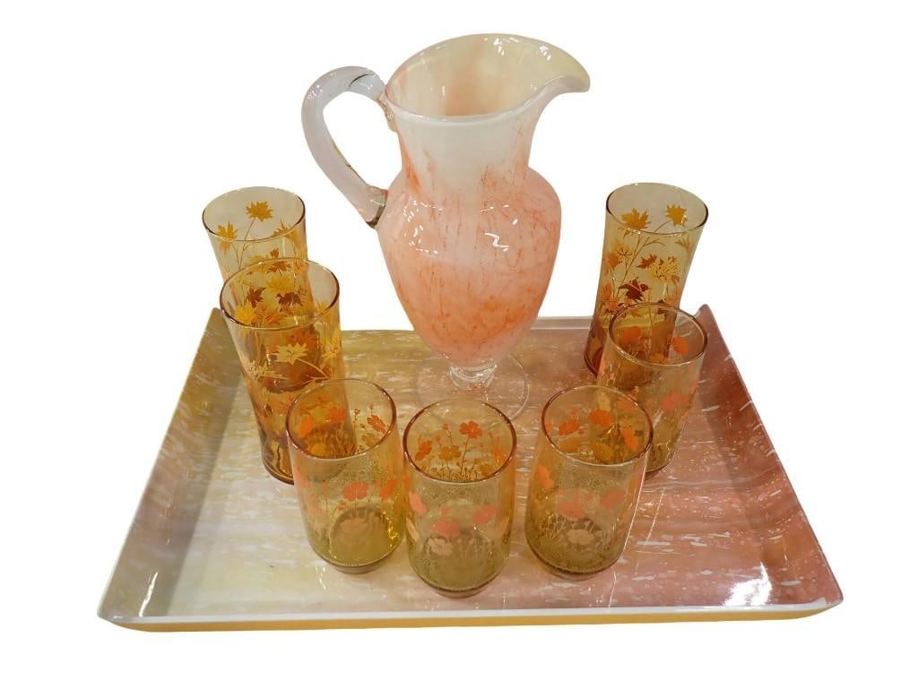 Vintage Glass Lot - Fenton Fenton Rose Overlay Pitcher, Libbey Amber Glass Tumblers, and a Tray: Vintage Glass Lot - Fenton Fenton Rose Overlay Pitcher, Libbey Amber Glass Tumblers, and a Tray All pictures are considered part of the description and should be examined carefully by bidders. Live Au