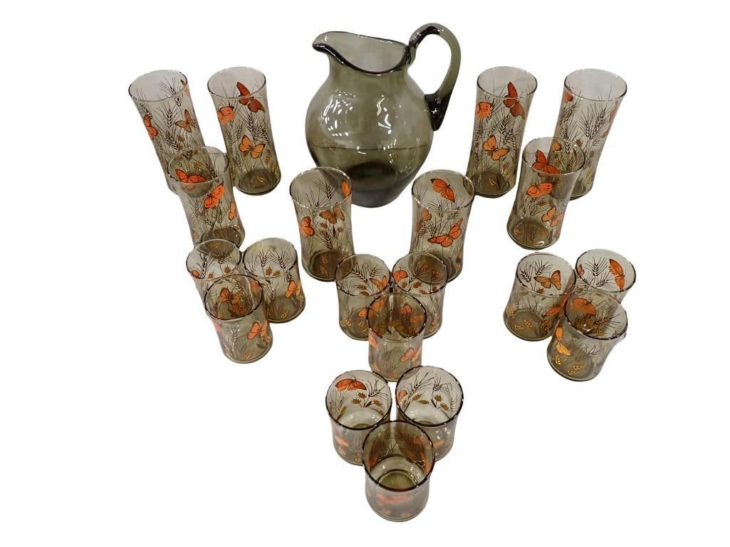 MCM Lot - Smoke Glass Pitcher, Libbey smokey brown glass tumblers with Butterfly and Wheat Pattern (1 of 20)