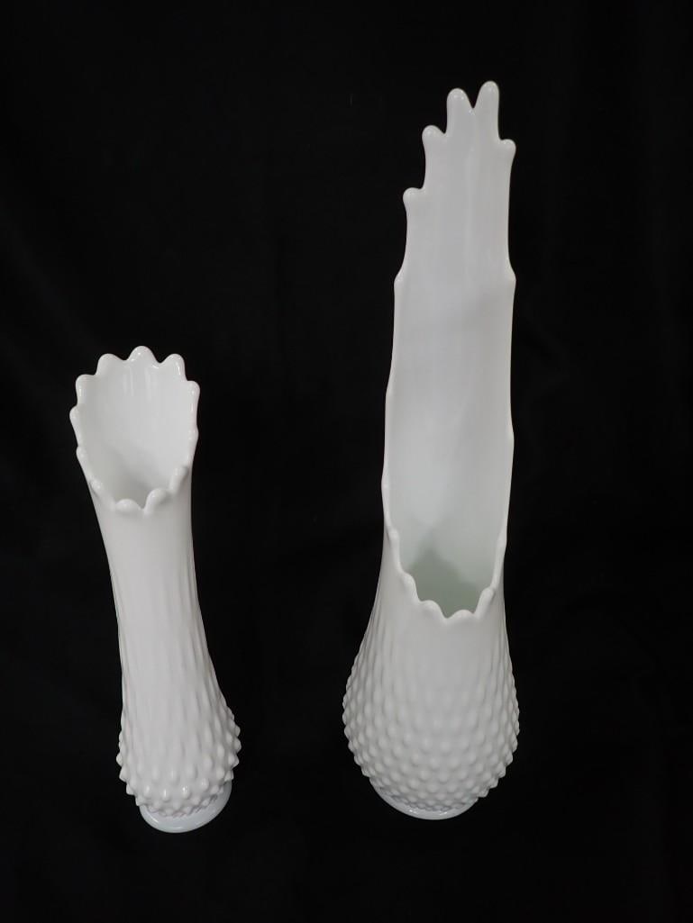 Two MCM Stretch or Swung Milk Glass Hobnail Vases: Two Mid Century Modern Stretch or Swung Milk Glass Hobnail Vases All pictures are considered part of the description and should be examined carefully by bidders. Live Auctioneers is now offering Live 
