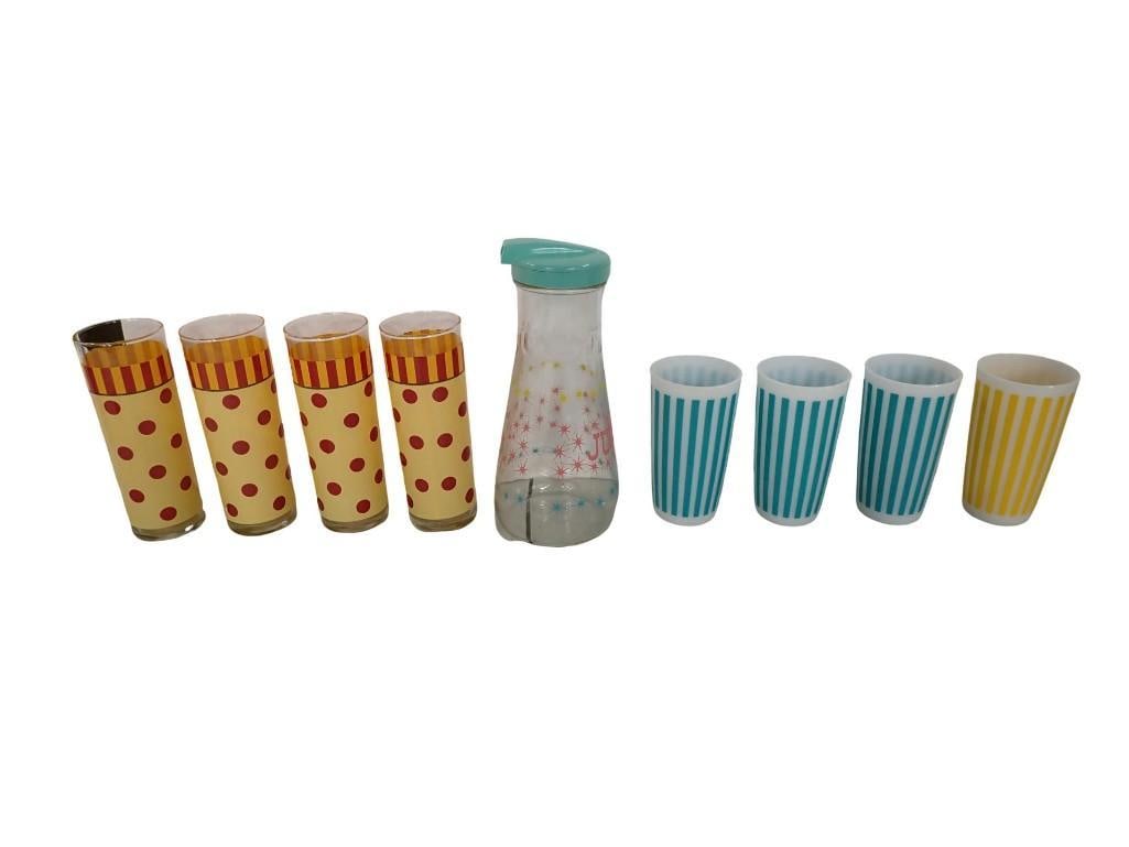 Gail Pittman for Southern Living at Home Siena Polka Dot tumblers, 1950s Hazel Atlas Candy Stripe: Gail Pittman for Southern Living at Home Siena Polka Dot tumblers, 1950s Hazel Atlas Candy Stripe Milk Glass Tumblers and 1950s Hazel Atlas "Atomic Starburst" juice carafe All pictures are con