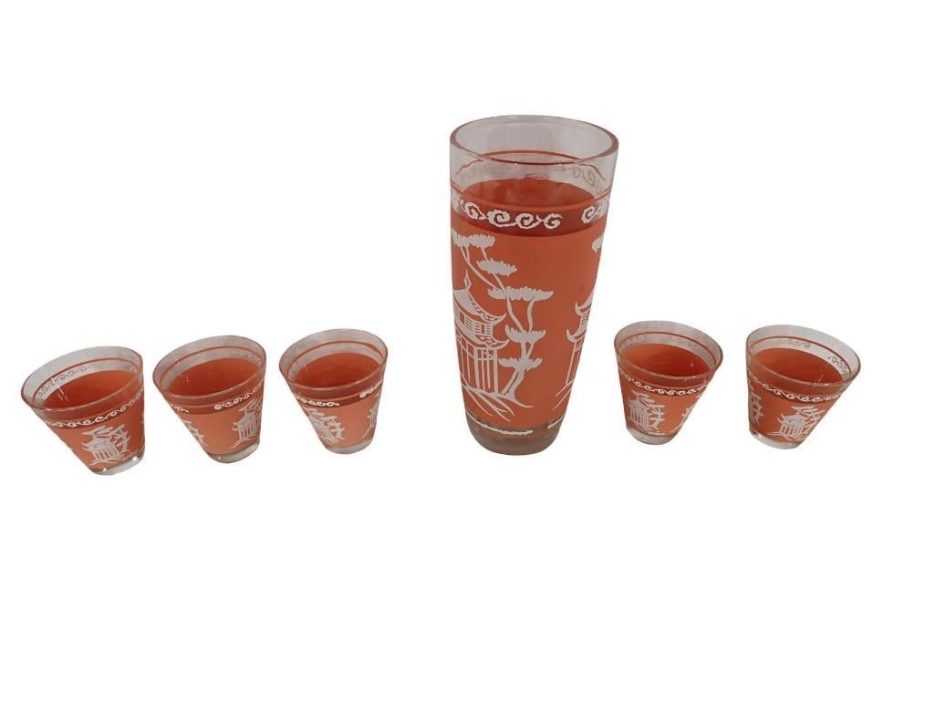 MCM Barware Cocktail Set - Coral Pagoda Pattern signed by Dyball, Possible Hazel Atlas (1 of 14)