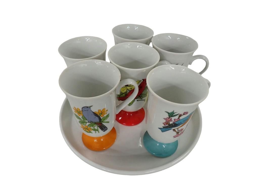 1970's Vintage Fred Robert's Pedestal Porcelain Coffee or Tea Mugs Set of 6 Song Bird Mugs. w/ Tray (1 of 13)