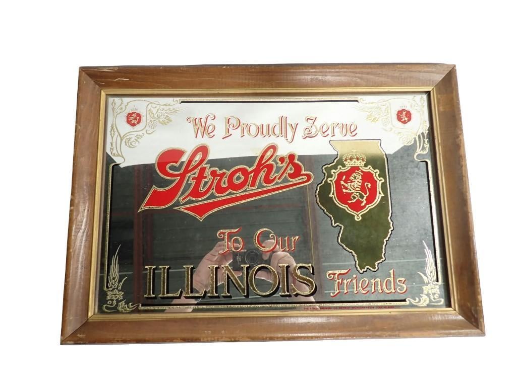 Vintage Stroh's Beer Framed Bar Mirror Wall Hanging "Illinois Friends": Vintage Stroh's Beer Framed Bar Mirror Wall Hanging "Illinois Friends" Measures roughly 21x15" All pictures are considered part of the description and should be examined carefull