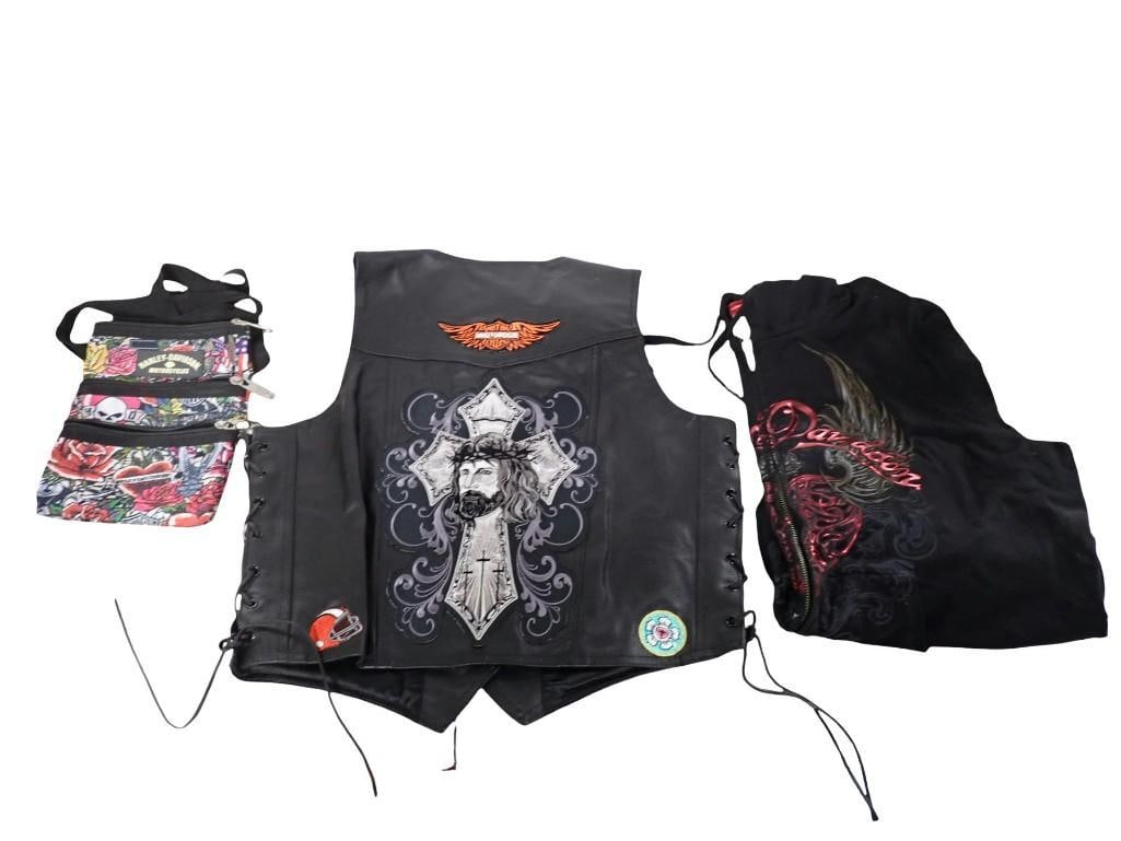 Harley Davidson Women's Lot - Cross body Bag, Zip Up Hoodie, Leather Vest by Mossi: Harley Davidson Women's Lot - Cross body Bag, Zip Up Hoodie, Leather Vest by Mossi All pictures are considered part of the description and should be examined carefully by bidders. Live Auctioneers