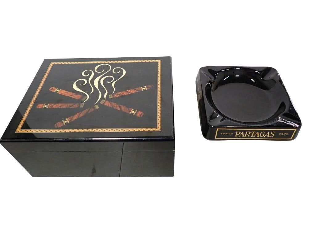 Smoking Lot including Black Lacquered Cigar Humidor with Cigar Design and Cuban Partagas Ashtray (1 of 14)