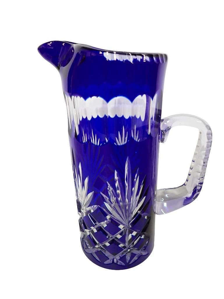 Czech Bohemia Style Cobalt Blue Cut to Clear Crystal Glass Pitcher (1 of 7)