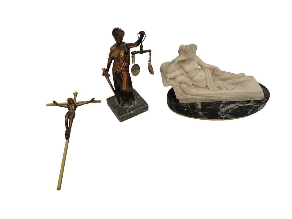 Themis Lady Justice Statue on Marble Base, Brass Crucifix, Reclining Venus Sculpture or Figure: Themis Lady Justice Statue on Marble Base, Brass Crucifix, Reclining Venus Sculpture or Figure All pictures are considered part of the description and should be examined carefully by bidders. Live Auc