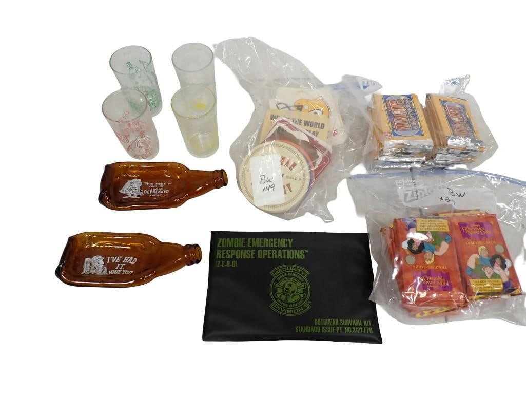Misc Lot including 49 Drink Coasters, Flattened Glass Bottles, Flintstones Glasses, Walt Disney (1 of 12)