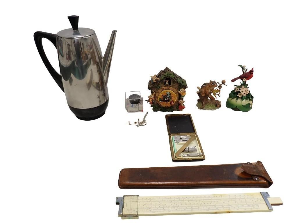 Collectibles incl Vintage Razor Set, Slide Rule, Figurines, Figural Music Boxes, Coffee Pot, Etc (1 of 20)