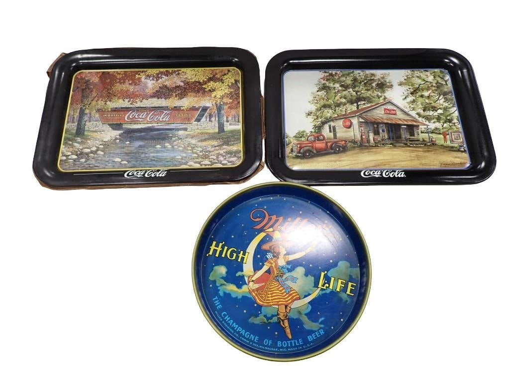 3 Metal Trays incl 1 Miller High Life Beer Tray and 2 Coca Cola Trays (1 of 8)