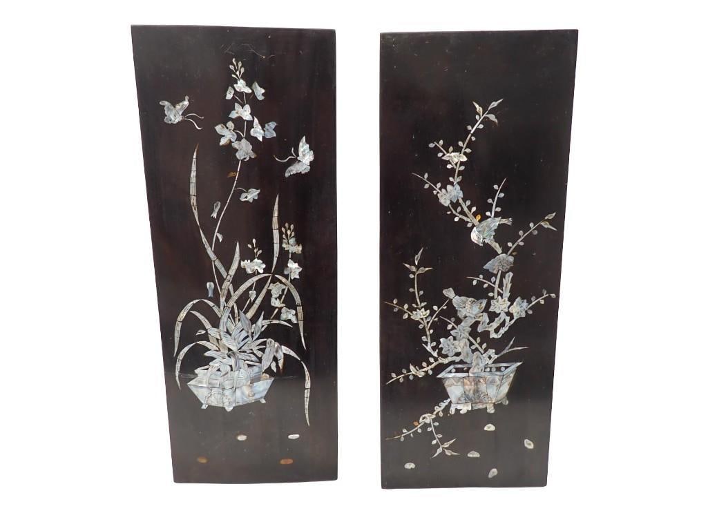 2 Asian Style Wall Hangings Inlaid with Floral, Bird, and Butterfly Designs 19"x7": 2 Asian Style Wall Hangings Inlaid with Floral, Bird, and Butterfly Designs 19"x7" All pictures are considered part of the description and should be examined carefully by bidders. Live Auction