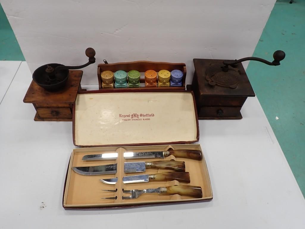 Vintage Kitchen Lot including Tiki Spice Rack, Coffee Grinders, Regent Sheffield Knife Set (1 of 13)