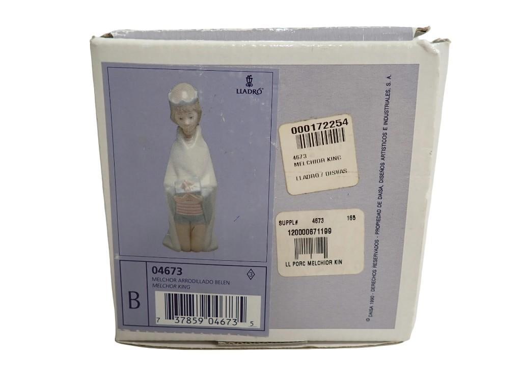 Lladro Porcelain Figurine Nativity Melchor King 04673: Lladro Porcelain Figurine Nativity Melchor King 04673 All pictures are considered part of the description and should be examined carefully by bidders. Live Auctioneers is now offering Live Shipping th