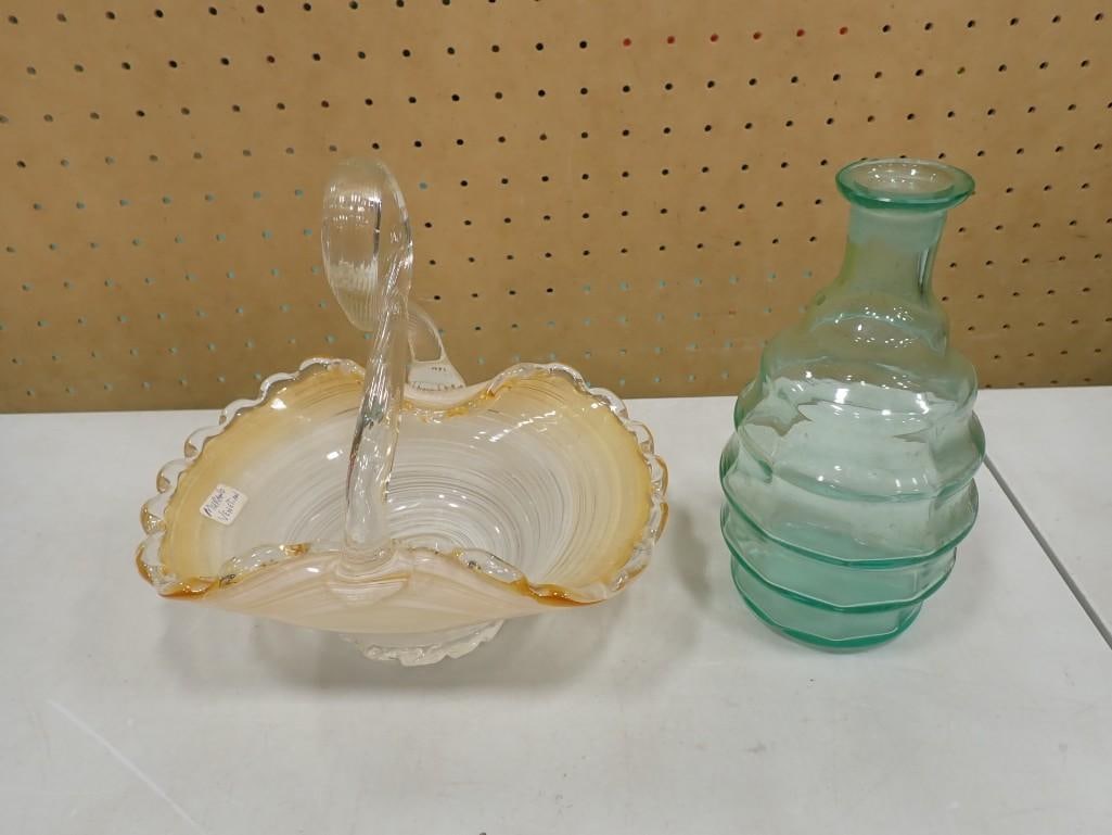 Uranium Vaseline Glass and Murano Glass Candy Dish with Handle (1 of 17)