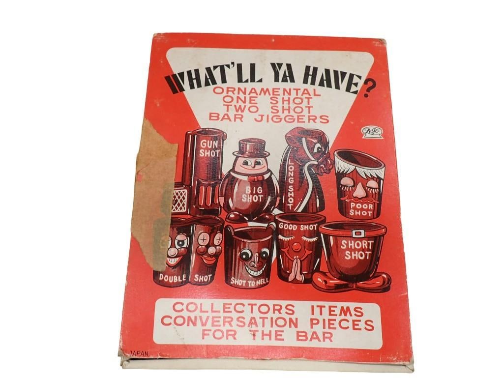 MCM barware LeGo collectible with box What'll Ya have Ornamental One Shot Two Shot Bar Jiggers (1 of 13)