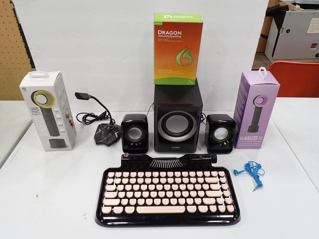Electronics Lot including DPVR KnewKey Rymek mechanical keyboard, Bladeless Fans, Computer Speakers: Electronics Lot including DPVR KnewKey Rymek mechanical keyboard, Bladeless Fans, Computer Speakers, Dragon Naturally Speaking. All pictures are considered part of the description and should be examin