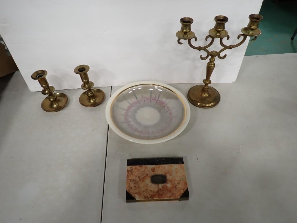 Brass Candelabra and Candle Holders, Marble or Alabaster Piece, Leon Nigrosh Signed Plate (1 of 10)