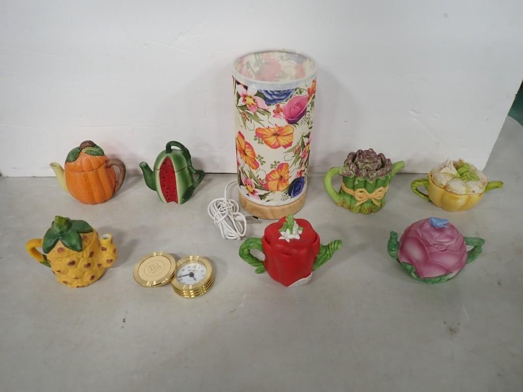 Misc. Lot including Table Lamp, Avon Seasons Harvest Miniature Teapots, Gold Tone Mini Clock (1 of 20)