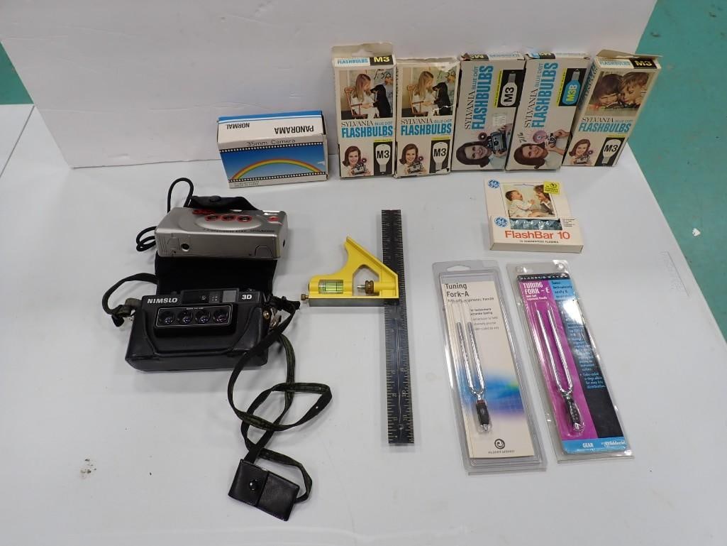 Lot of Vintage Camera Flashes, Tuning Forks, Panorama Camera, Nimslo 3D Camera, Level, etc. (1 of 11)
