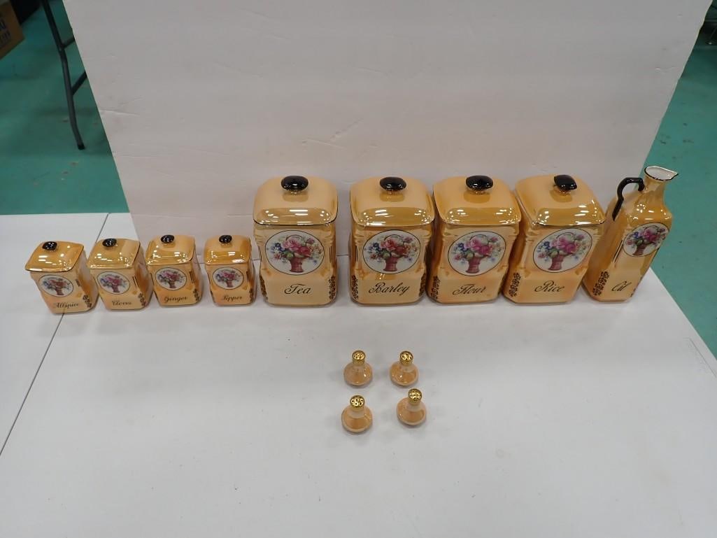 Vintage Victoria Czechoslovakia Lustreware Canister Set, Salt and Pepper Shakers, Oil Pitcher: Vintage Victoria Czechoslovakia Lustreware Canister Set, Salt and Pepper Shakers, Oil Pitcher All pictures are considered part of the description and should be examined carefully by bidders. Live Auct