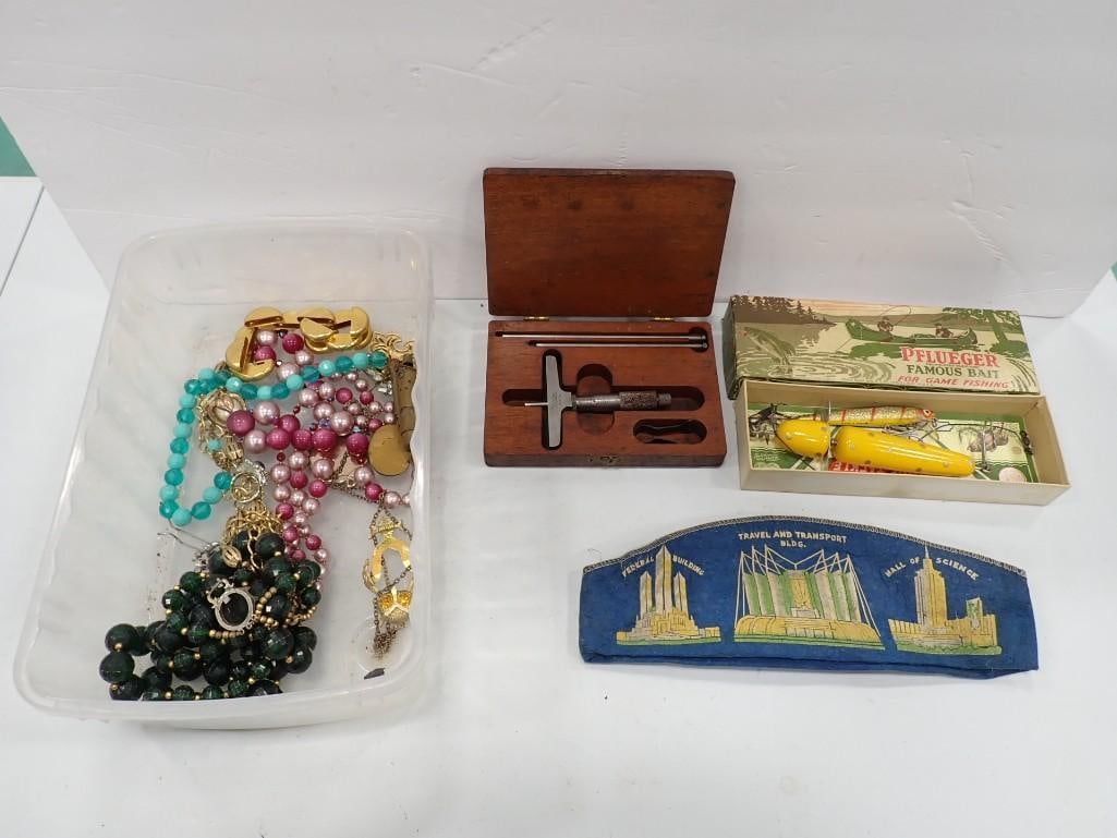 Misc. Lot including 1934 Chicago World's Fair Hat, Pflueger Fishing Lure, Costume Jewelry, Lufkin: Misc. Lot including 1934 Chicago World's Fair Hat, Pflueger Fishing Lure, Costume Jewelry, Lufkin Micrometer All pictures are considered part of the description and should be examined carefully by