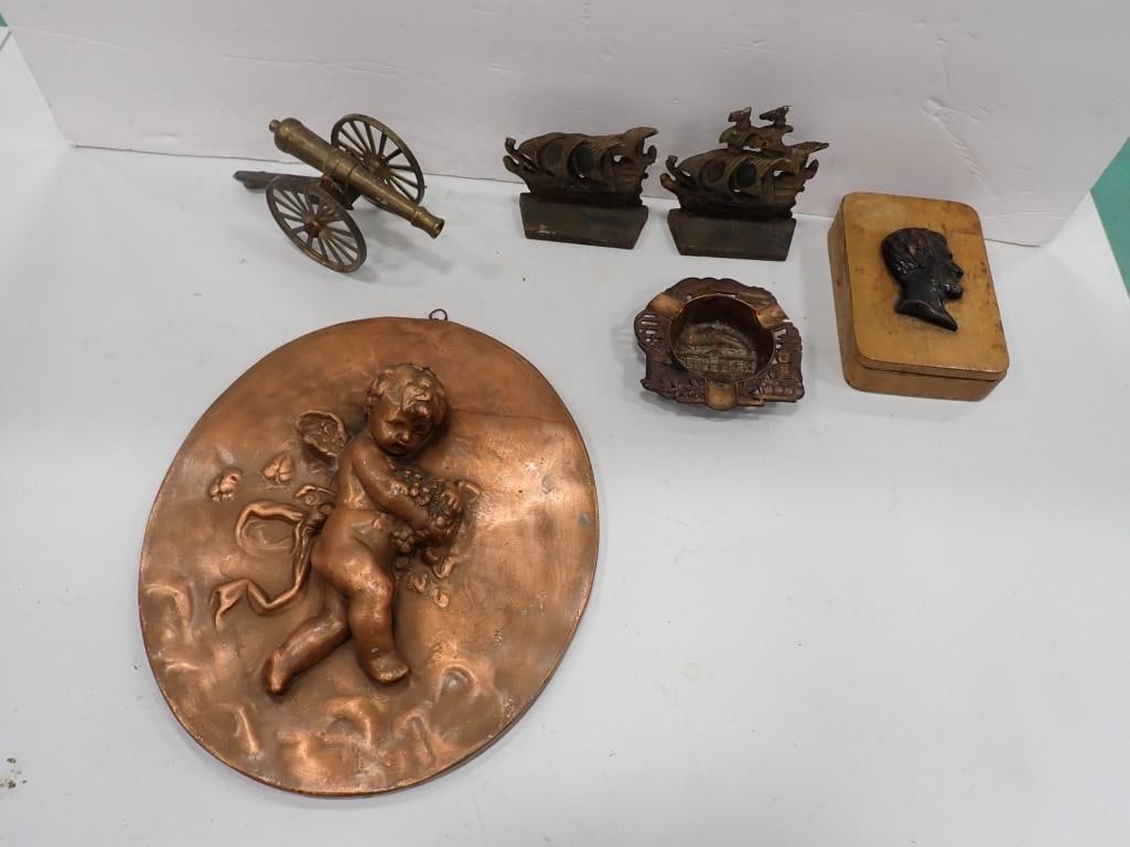 Misc Lot including Copper Cherub Wall Hanging, Miniature Cannon, Ashtray, Ship Cast Bookends (1 of 10)