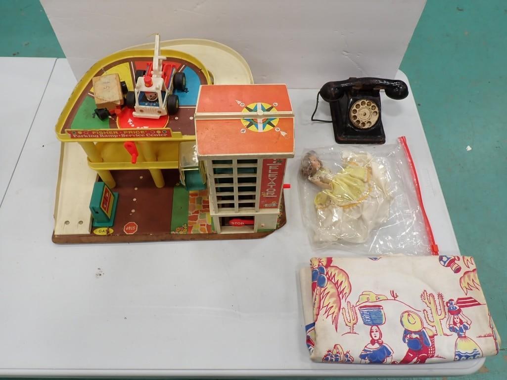 Vintage Fisher Price Parking Ramp Toy, Antique toy Telephone, Doll, Mexican Folk Art Tablecloth (1 of 12)