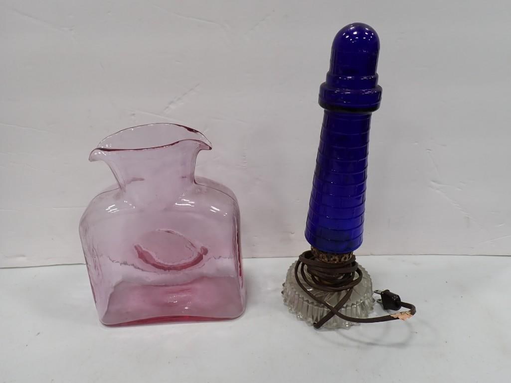 Vintage Blue Glass Light House Light and a Blenko Glass Thistle / Amythyst /Light Purple Glass Pitch (1 of 11)