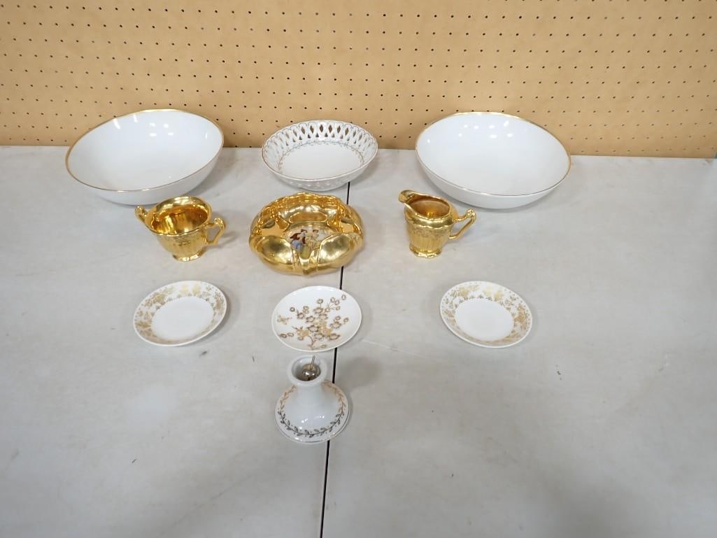 Gold Plated Creamer, Sugar, Dish, Gold Rimmed Boles and Plates, Lefton China, etc.: Gold Plated Creamer, Sugar, Dish, Gold Rimmed Boles and Plates, Lefton China, etc. All pictures are considered part of the description and should be examined carefully by bidders. Live Auctioneers is 