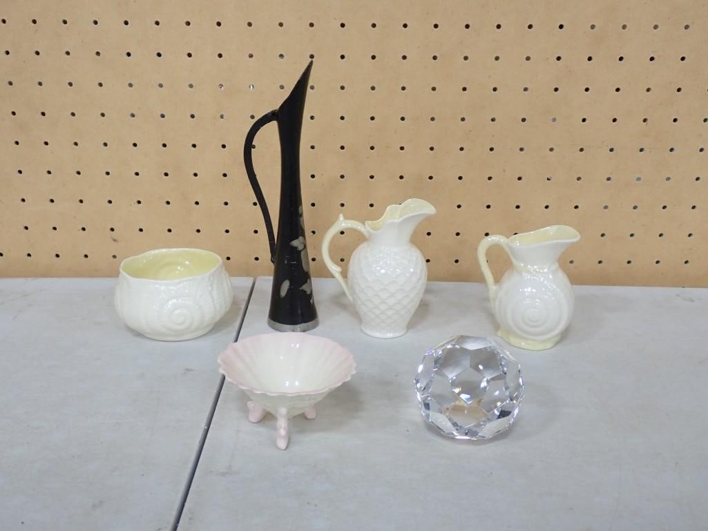 Misc lot including Belleek pieces, Crystal Paperweight, Vintage Bidri ware-style ewer or pitcher vas (1 of 8)