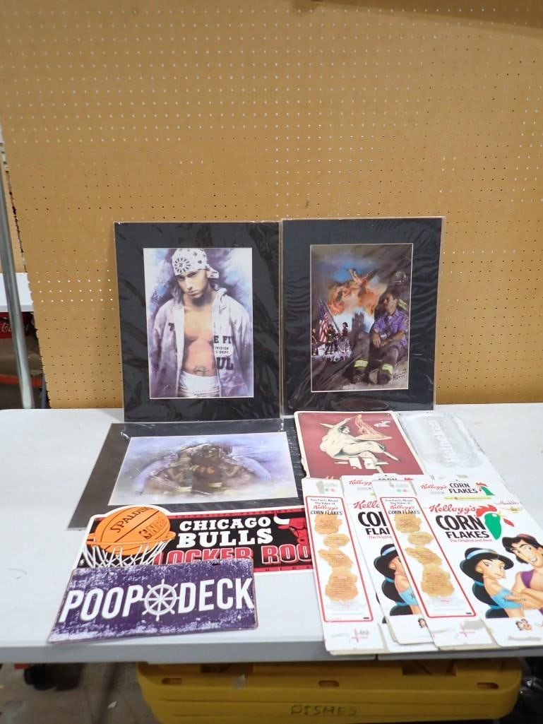 Misc. Lot including 'poop deck' sign, Chicago Bulls, Eminem Print, NYC 911 Firefighter Print,: Misc. Lot including 'poop deck' sign, Chicago Bulls, Eminem Print, NYC 911 Firefighter Print, Heineken, Aladdin Cornflakes, etc All pictures are considered part of the description and should b