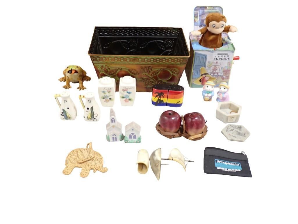 Misc. Lot - Curious George Jack in the Box, Salt and Pepper Shakers, Planter, Decor, etc.: Misc. Lot - Curious George Jack in the Box, Salt and Pepper Shakers, Planter, Decor, etc. All pictures are considered part of the description and should be examined carefully by bidders. Live Auctione